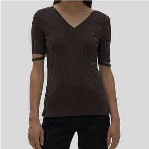 Helmut Lang Brown Ribbed Cotton V-Neck Short Sleeve Top T-Shirt Size XS